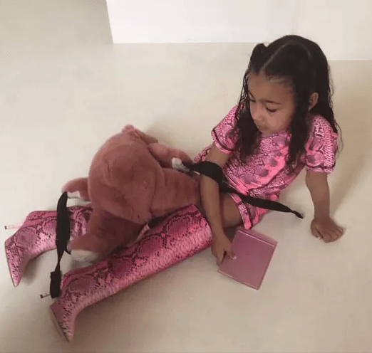 4-летняя дочь Ким Кардашьян уже носит ботфорты на шпильке и платье из змеиной кожи